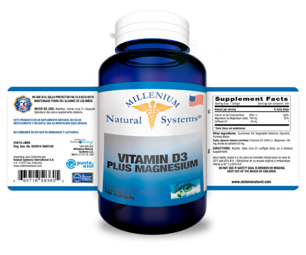 Vitamin D3 Plus 2000 UI Magnesium x 100 Softgels Millenium Natural Systems
