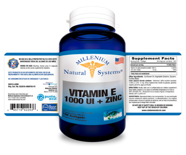 Vitamin E 1000 UI + Zinc x 100 Softgels Millenium Natural Systems