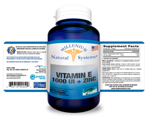 Vitamin E 1000 UI + Zinc x 60 Softgels Millenium Natural Systems