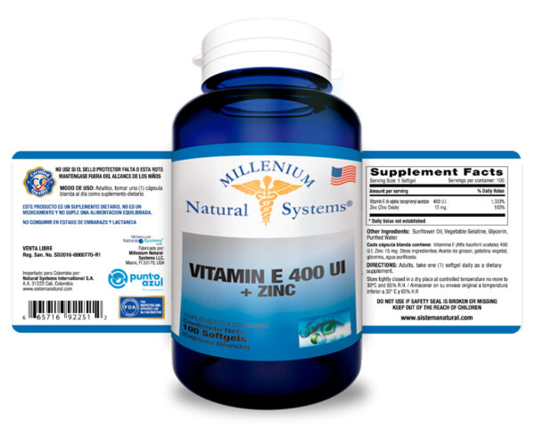 Vitamin E 400 UI + Zinc X 100 Softgels Millenium Natural Systems