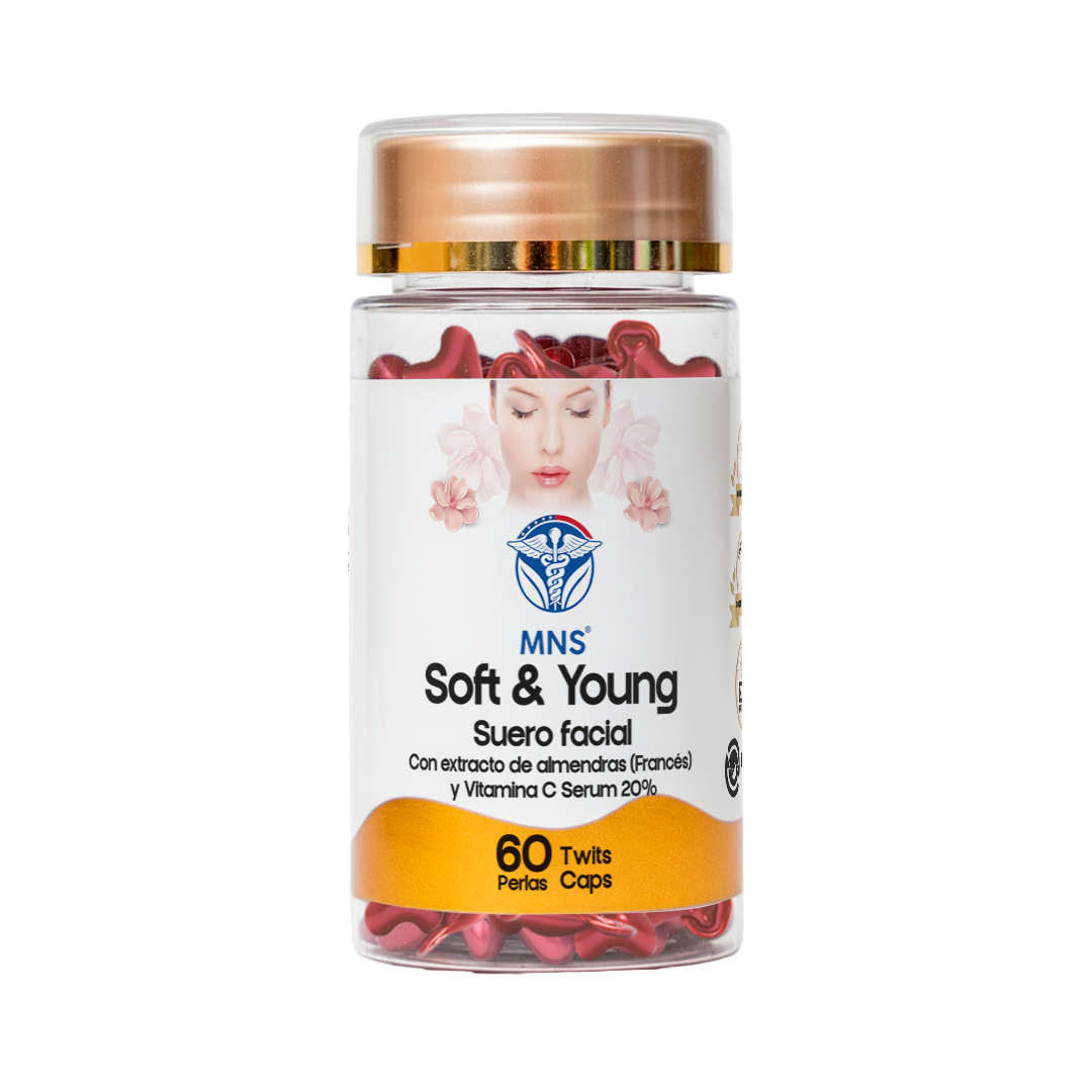 Frasco transparente de soft and young con tapa dorada y etiqueta blanca con dorado, en su interior hay capsulas o softgels rojas en forma de corazon