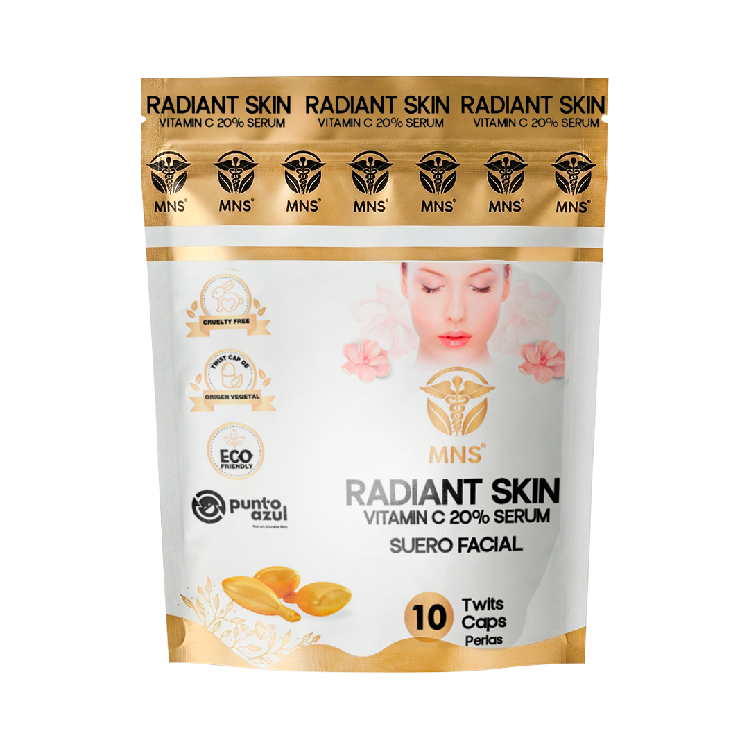 Bolsa doypack blanca con dorado del producto radiant skin x 10 Twist Caps softgels de la marca Millenium Natural Systems con fondo blanco plano