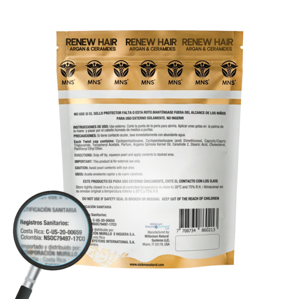 Bolsa doypack blanca con dorado del producto renew hair x 10 Twist Caps softgels de la marca Millenium Natural Systems con fondo blanco plano mostrando los detalles de la informacion del empaque con una lupa en la notificacion sanitaria