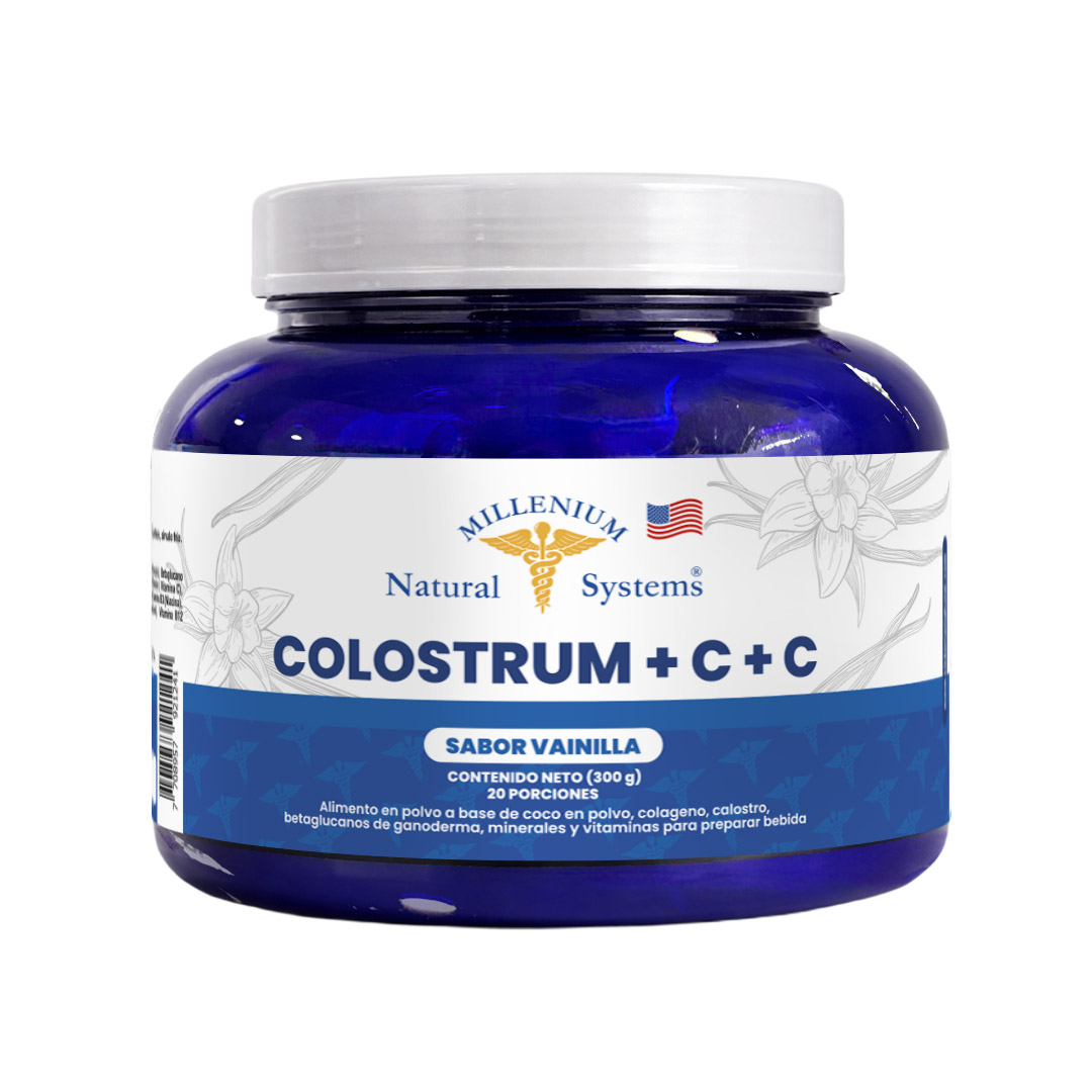 Tarro azul de alimento en polvo Colostrum + C + C sabor vainilla, 300 g, marca Millenium Natural Systems.