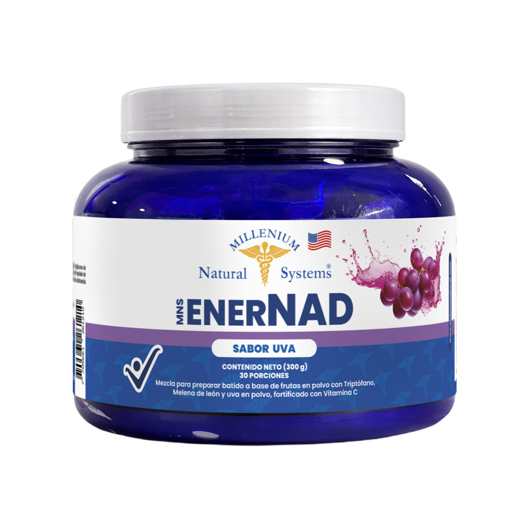 Tarro de MNS Enernad sabor uva de Millenium Natural Systems, 300g. Mezcla para batido con triptófano, melena de león y vitamina C.