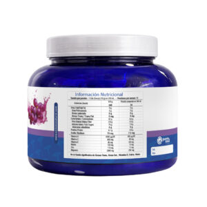Tarro de MNS Enernad sabor uva de Millenium Natural Systems, 300g. Mezcla para batido con triptófano, melena de león y vitamina C mostrando la tabla nutricional.