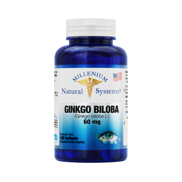 Frasco azul con tapa blanca de suplementos dietarios tiene una etiqueta blanca con metalizado del producto Ginkgo Biloba 60 mg x 100 Softgels, de la marca Millenium Natural Systems con fondo blanco plano