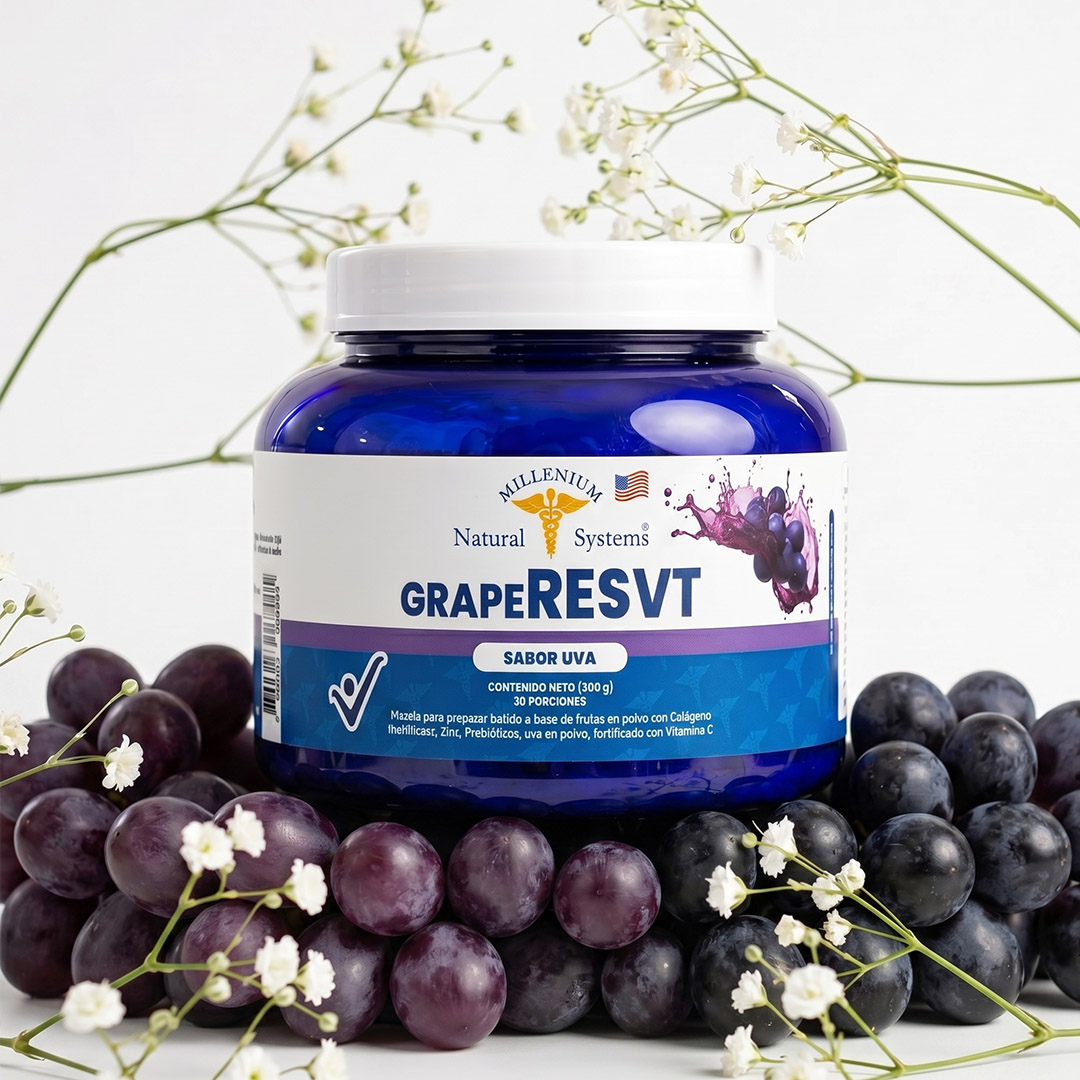 Tarro de 300g de GrapeRESVT sabor uva. Envase azul rodeado de uvas frescas, con etiqueta que indica mezcla en polvo con colágeno, zinc, prebióticos y vitamina C.
