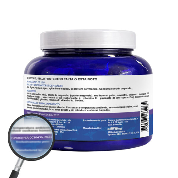 Envase de suplemento nutricional Graperesvt de 300 gramos sabor a uva, vista posterior con la etiqueta de información nutricional.