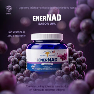 Infografía del suplemento en polvo EnerNAD sabor uva de MNS (300 g). Muestra un envase azul rodeado de uvas frescas. Los textos indican: "Con vitamina C, zinc y magnesio", "Fórmula con ingredientes reconocidos en rutinas de bienestar integral" y destaca ingredientes como Triptófano y Melena de león.