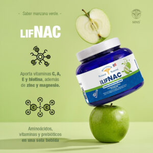 Envase de 300g del producto LIFNAC de Millenium Natural Systems junto a manzanas verdes. La infografía indica: Sabor manzana verde. Aporta vitaminas C, A, E y biotina, además de zinc y magnesio. Aminoácidos, vitaminas y prebióticos en una sola bebida.
