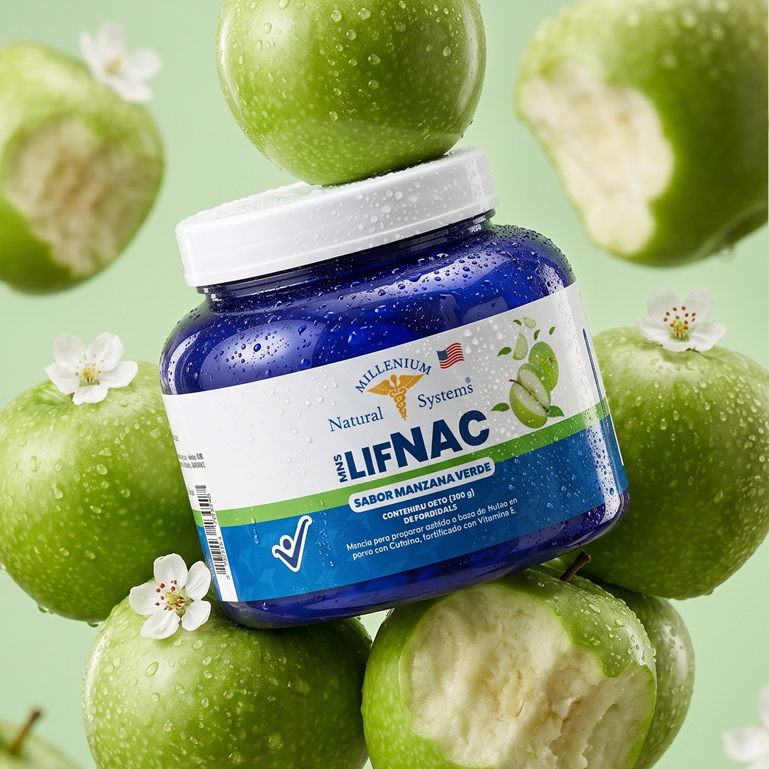 Envase azul del suplemento LIFNAC sabor manzana verde de Millenium Natural Systems, rodeado de manzanas verdes frescas, gotas de agua y flores blancas.