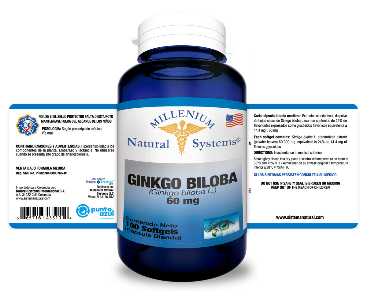 Ginkgo Biloba 60 mg x 100 softgels Millenium Natural Systems
