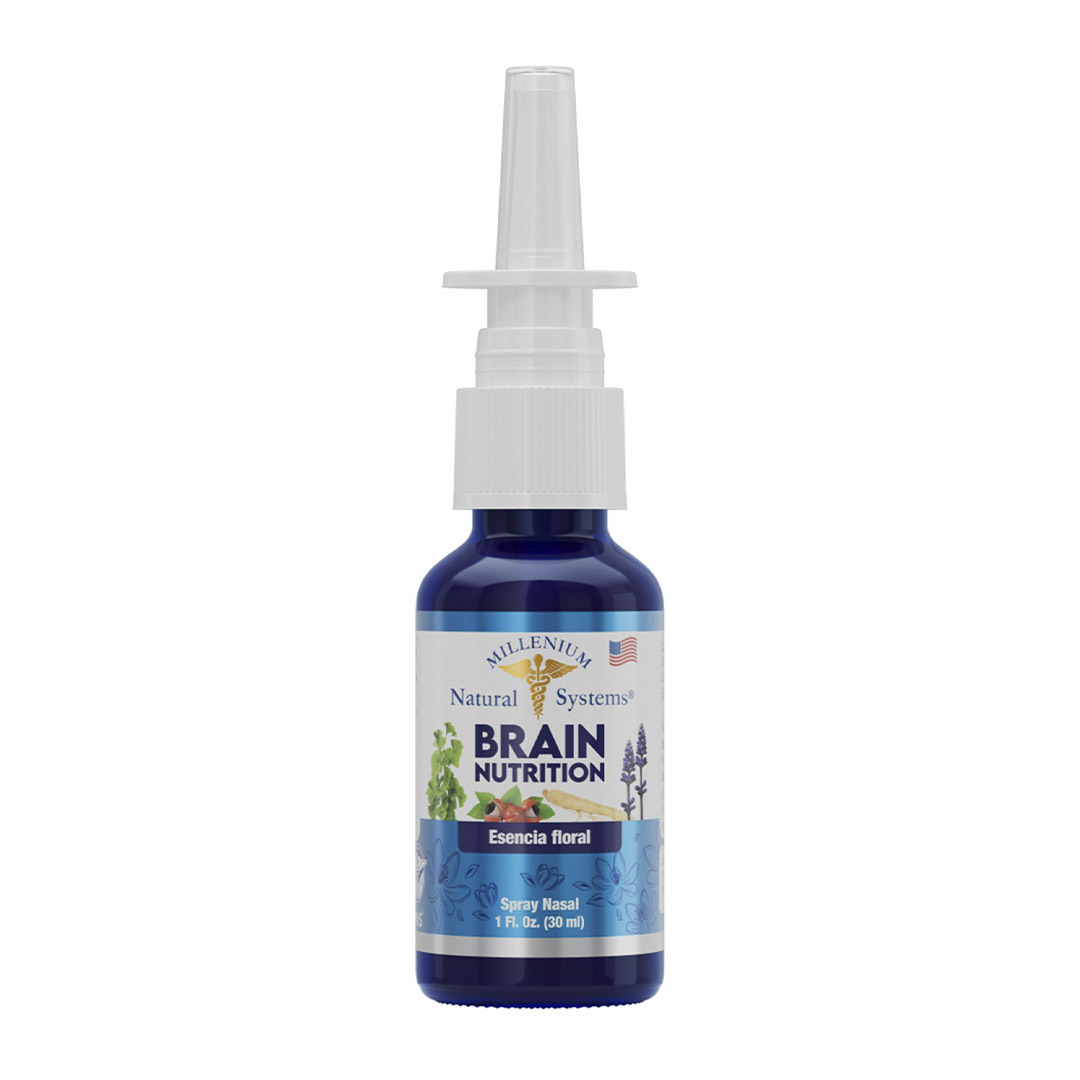 esencia floral brain nutrition x 30 ml Millenium Natural Systems, Frasco de vidrio azul de Esencia Floral, presentación de 1 Fl Oz (30 ml) con aplicador de spray nasal y etiqueta con ilustraciones botánicas.