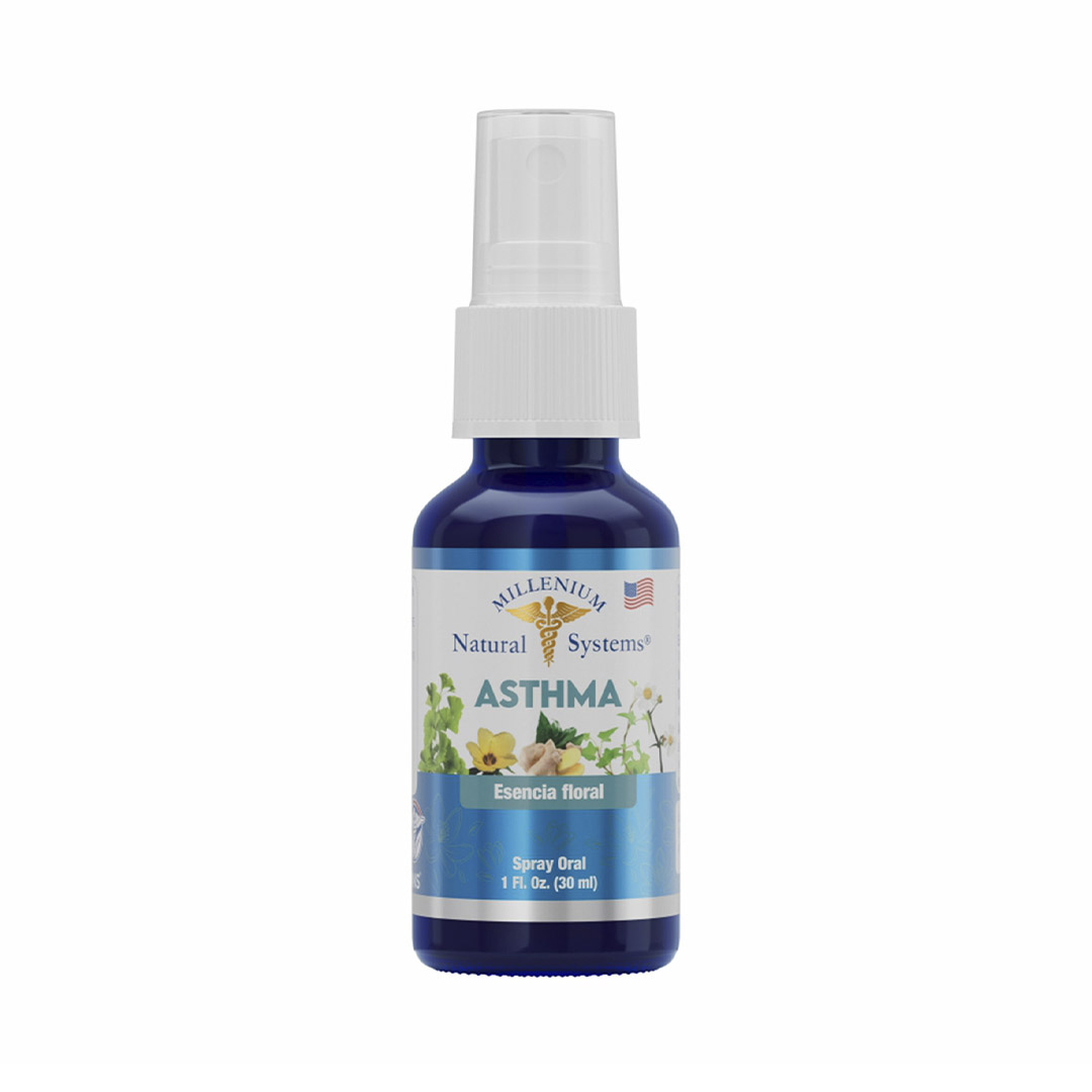 esencia floral asthma x 30 ml Millenium Natural Systems, Frasco de vidrio azul de Esencia Floral, presentación de 1 Fl Oz (30 ml) con aplicador de spray oral y etiqueta con ilustraciones botánicas.
