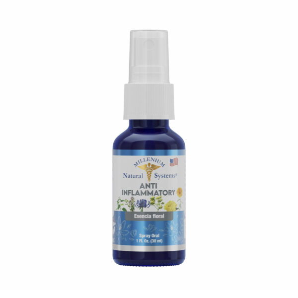 esencia floral Anti Inflammatory x 30 ml Millenium Natural Systems, Frasco de vidrio azul de Esencia Floral, presentación de 1 Fl Oz (30 ml) con aplicador de spray oral y etiqueta con ilustraciones botánicas.