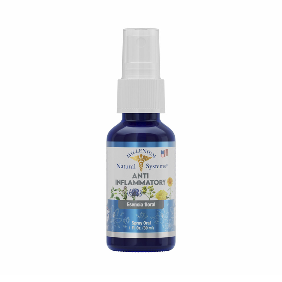 esencia floral Anti Inflammatory x 30 ml Millenium Natural Systems, Frasco de vidrio azul de Esencia Floral, presentación de 1 Fl Oz (30 ml) con aplicador de spray oral y etiqueta con ilustraciones botánicas.