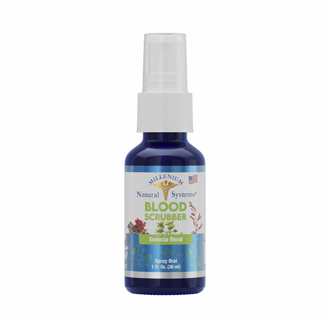 esencia floral Blood Srubber x 30 ml Millenium Natural Systems, Frasco de vidrio azul de Esencia Floral, presentación de 1 Fl Oz (30 ml) con aplicador de spray oral y etiqueta con ilustraciones botánicas.