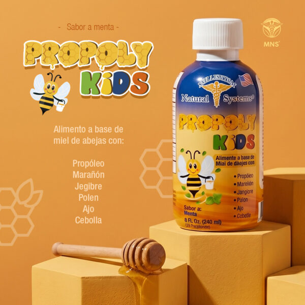 Frasco de Propoly Kids de 8 onzas sabor a menta. El texto indica que es un alimento a base de miel de abejas con propóleo, marañón, jengibre, polen, ajo y cebolla.