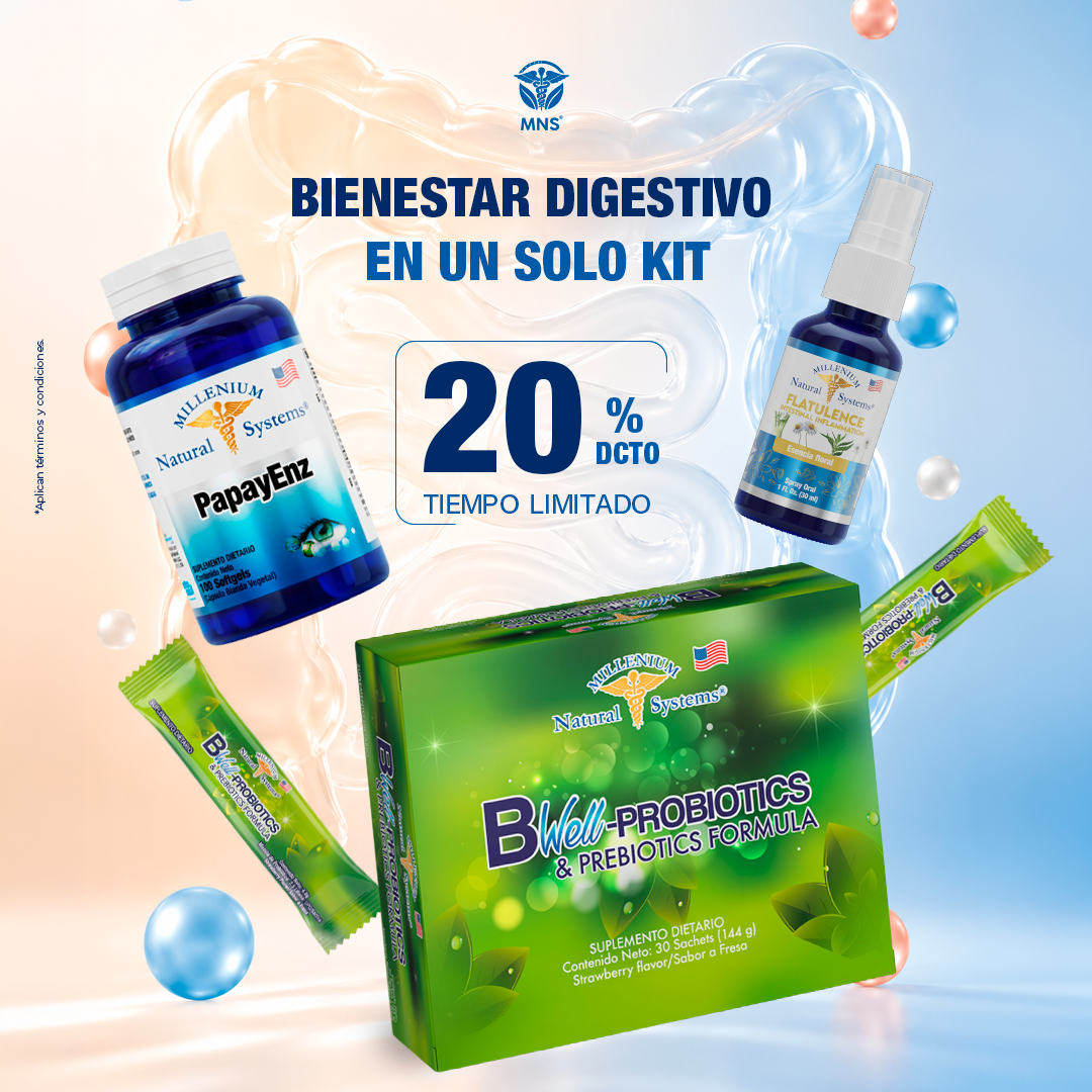 KIT DIGESTION ACTIVA, PAPAYENZ (Enzima digestiva), ESENCIA FLORAL FLATULENCE, BWELL (Probioticos y prebioticos en sachet)