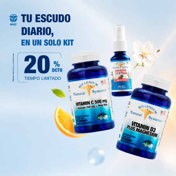 Kit Proteccion y bienestar, Vitamina C, Vitamina D3, Esencia floral Immune Systems