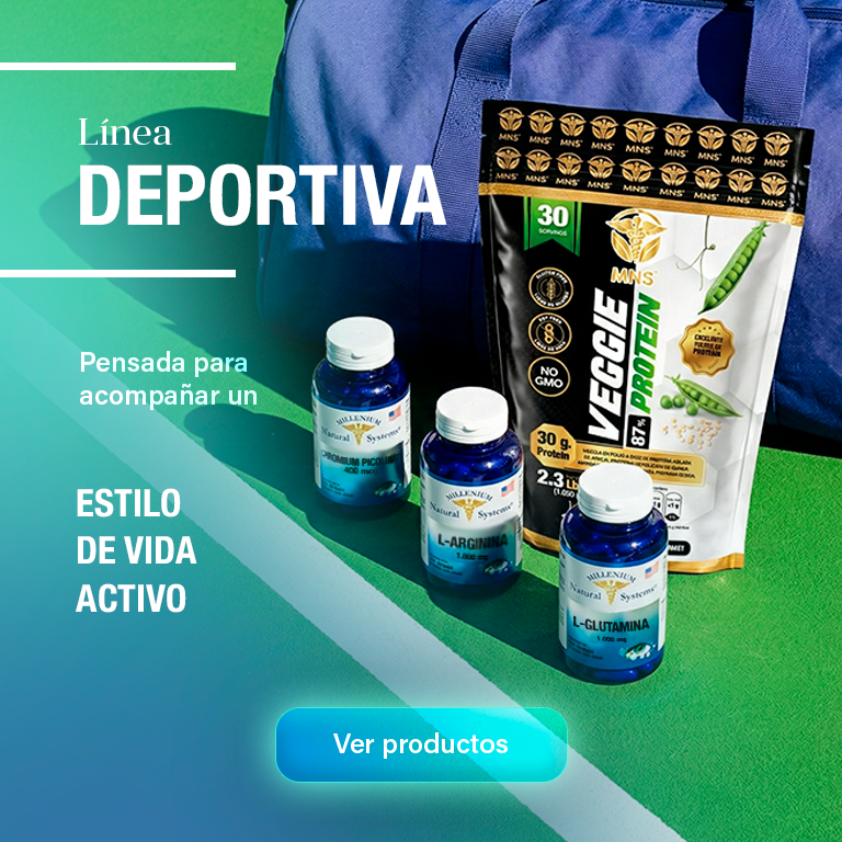 Banner de la línea deportiva de suplementos y proteínas de Millenium Natural Systems para un estilo de vida activo.