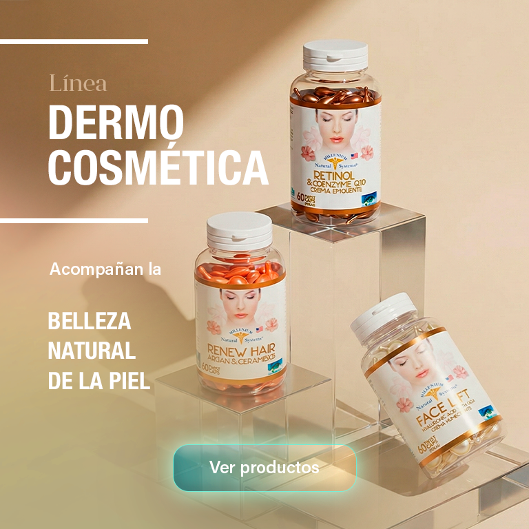 Tres frascos de la línea Dermocosmética Millenium Natural Systems dispuestos sobre soportes transparentes con la frase Acompañan la belleza natural de la piel.