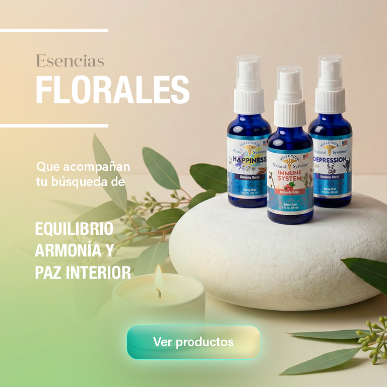Banner publicitario de esencias florales Millenium Natural Systems (Happiness, Immune System y Depression) en frascos spray sobre una base blanca, acompañados de velas y hojas eucalipto.