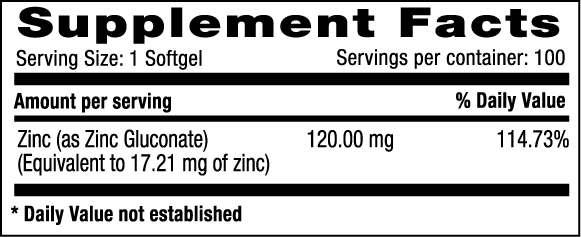 Zinc Gluconate 120 mg x 100 softgels supplement fact Millenium Natural Systems